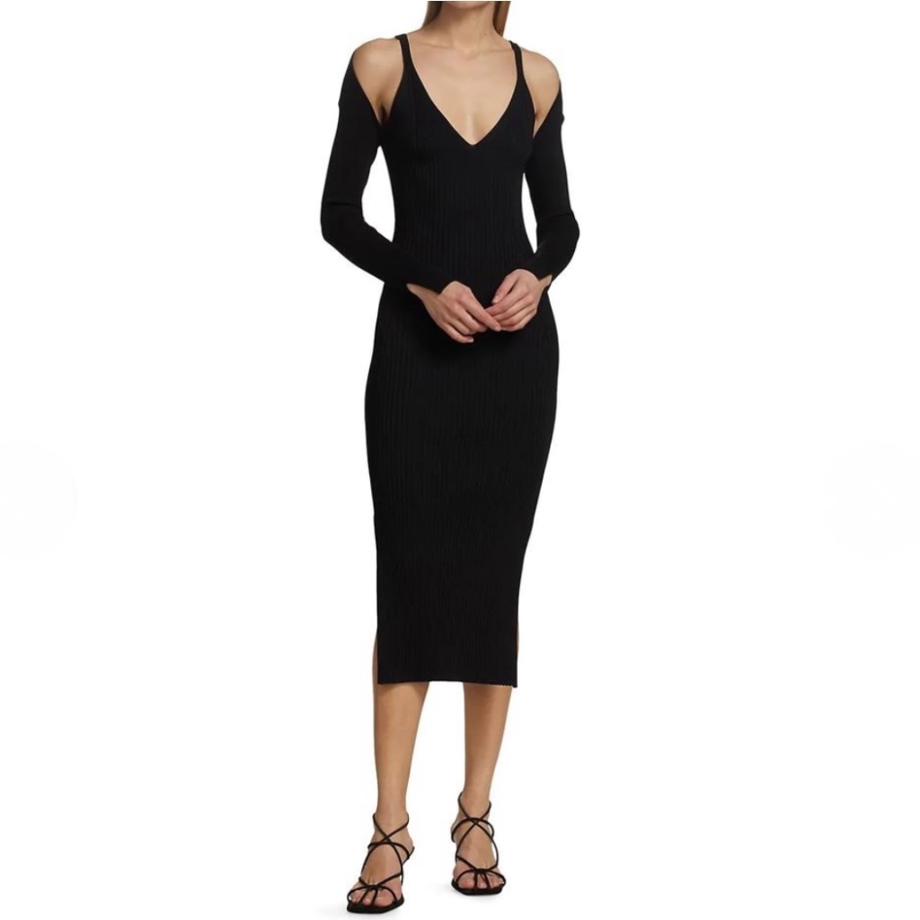 Nwt Jonathan Simkhai Xs Esperanza Black Ribbed Cut-Out Shawl Midi Dress Lbd